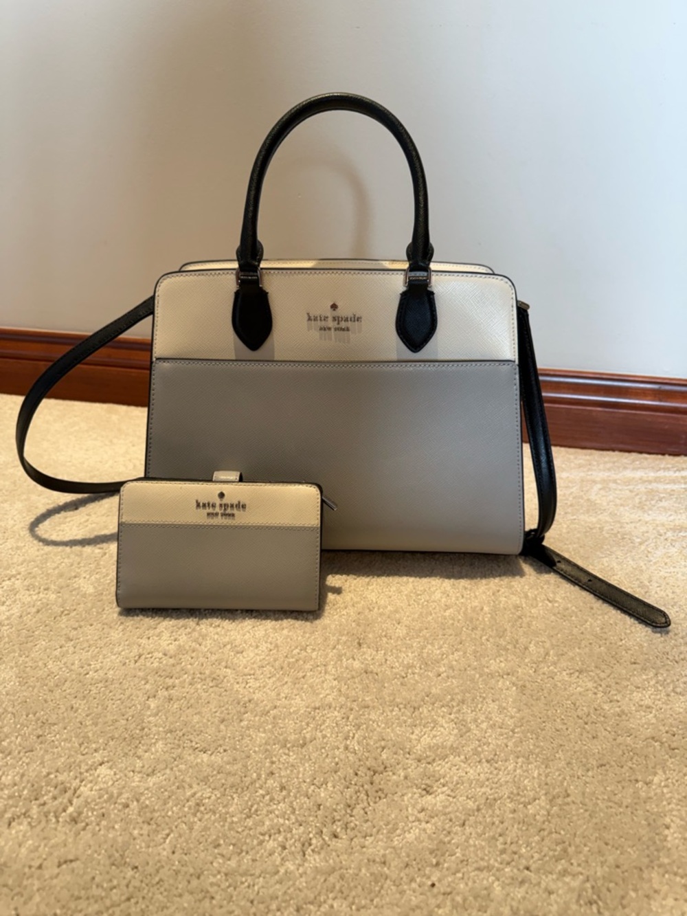 kate spade Two-Tone Cream, Light Gray & Black Satchel with Matching Wallet
